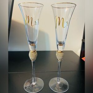 Pair of Mr and Mrs. Champagne Flutes with Mr and Mrs in gold lettering  11” tall